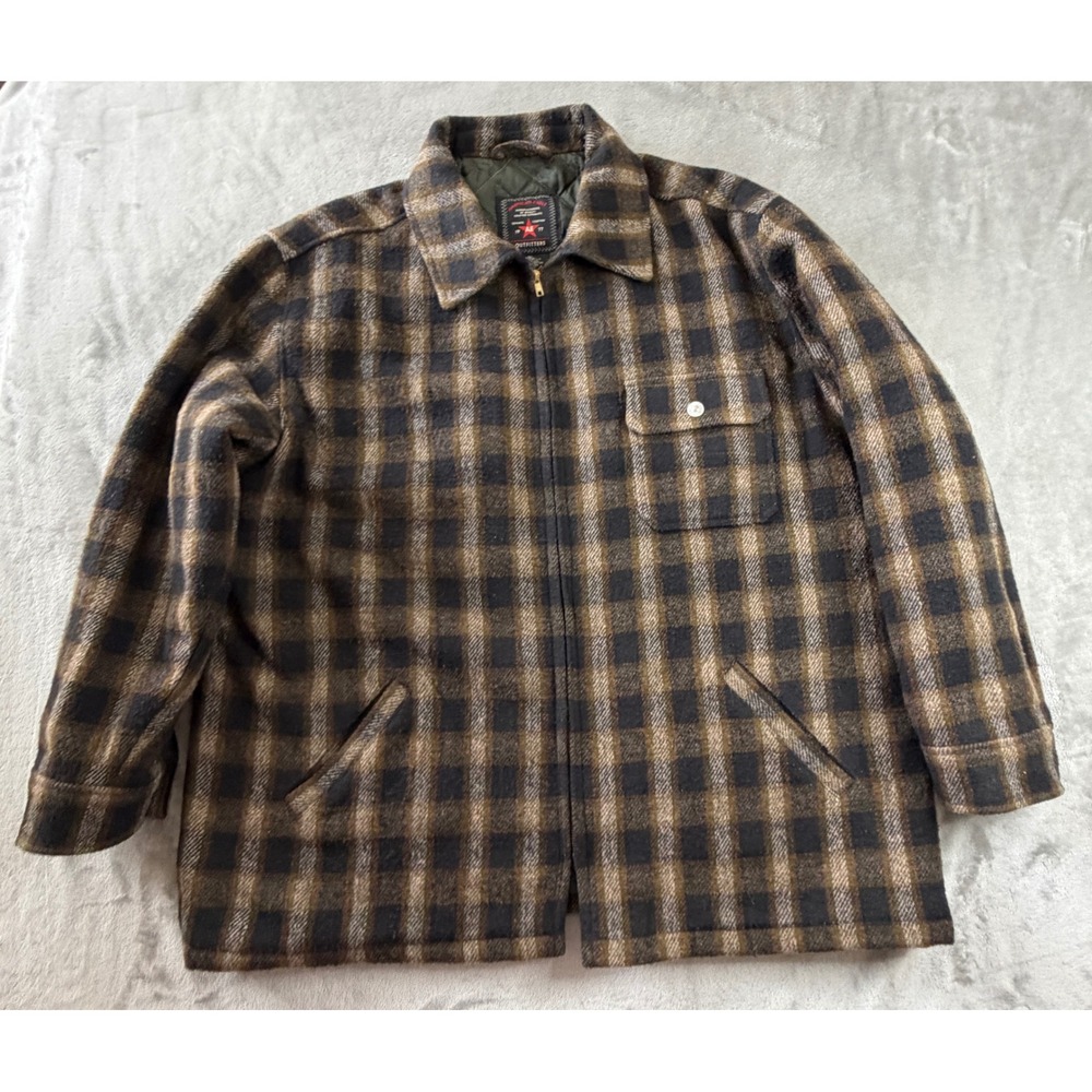 American Eagle Jacket Mens XL Brown Plaid Wool Blend Quilted Lined Full Zip Coat